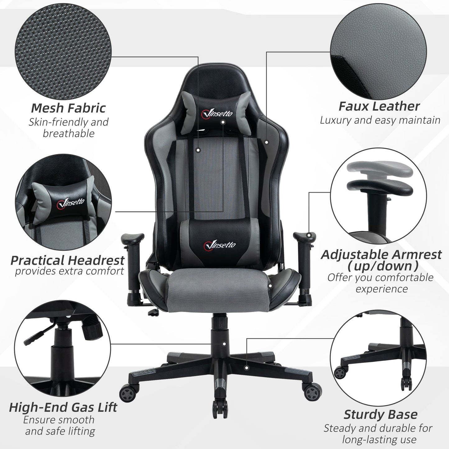 Vinsetto Racing Gaming Office Chair with Headrest and Lumbar Support - Grey