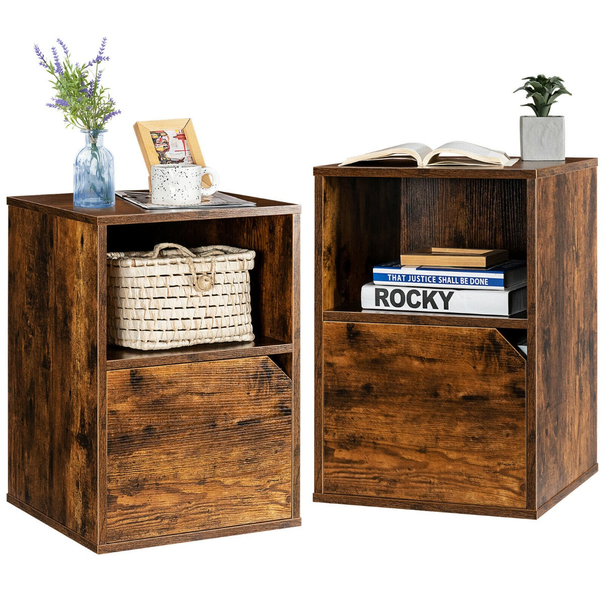 Set of 2 Wooden Bedside Tables with Open Shelf and Door-Brown