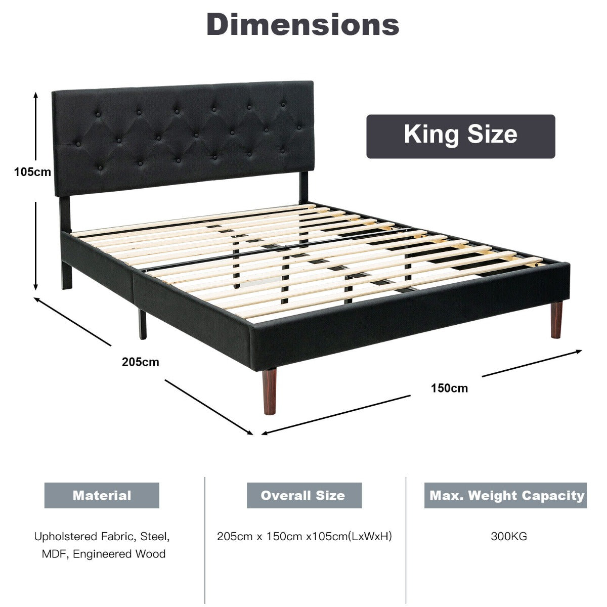 Button Tufted Linen Upholstered King Size Bed Frame with Headboard-Black