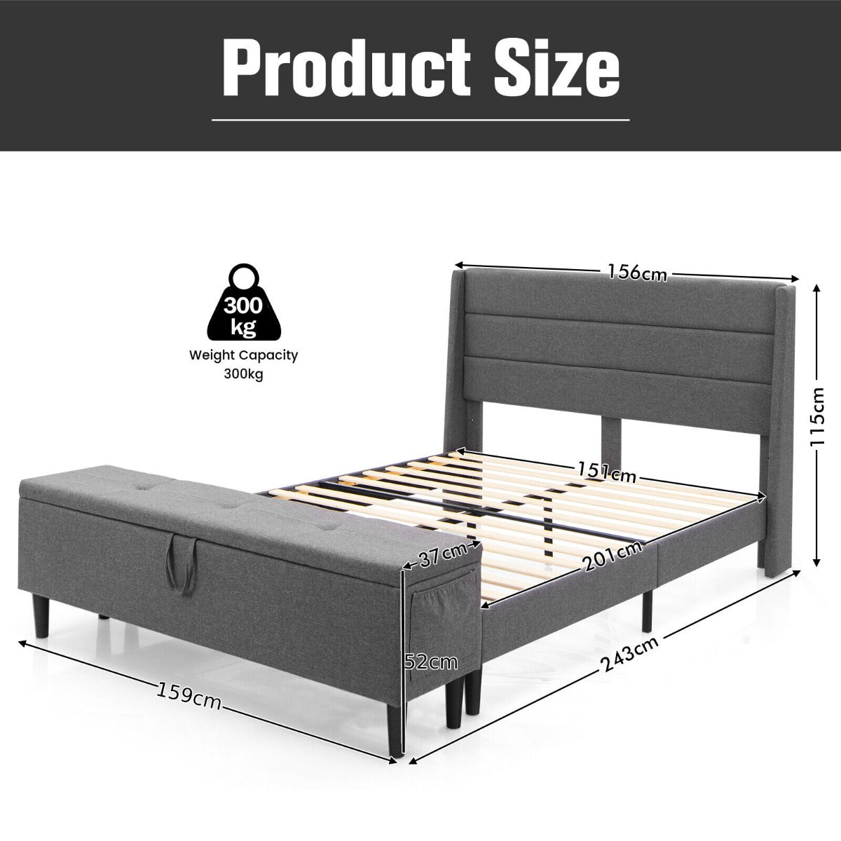 Upholstered Double Bed Frame with Ottoman Bench and Headboard-Grey
