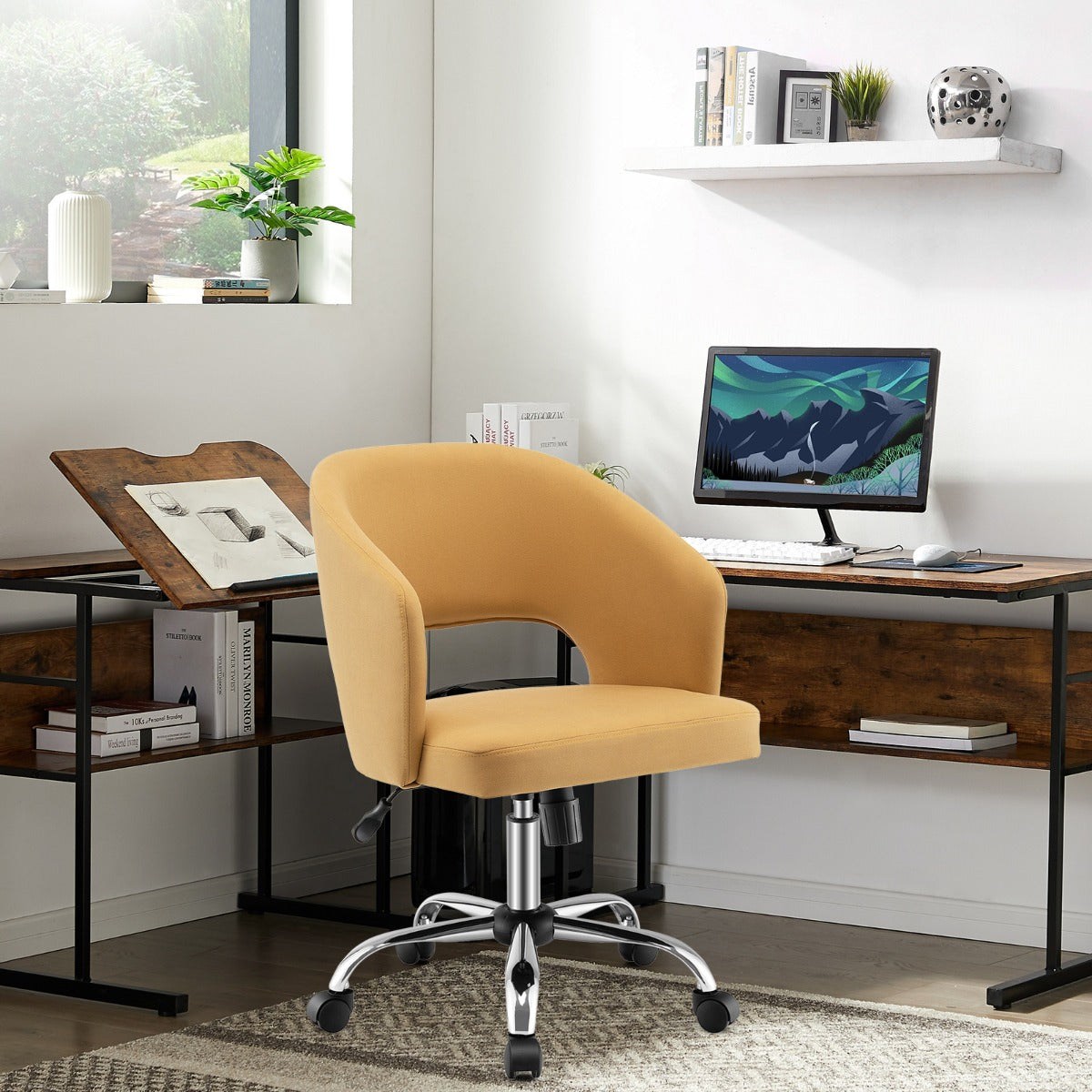 Height Adjustable Swivel Chair with 5 Universal Wheels and Metal Base