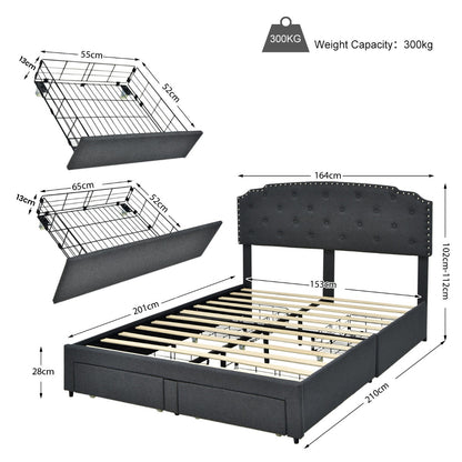 Upholstered Double Bed Frame with 4 Storage Drawers and Adjustable Headboard-210 x 164 cm