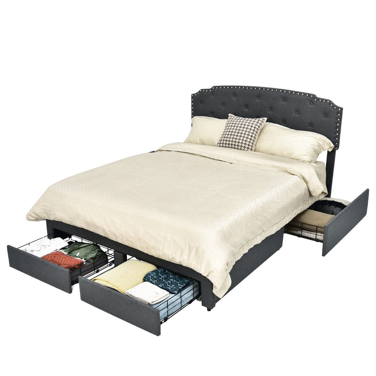 Upholstered Double Bed Frame with 4 Storage Drawers and Adjustable Headboard-197 x 150 cm