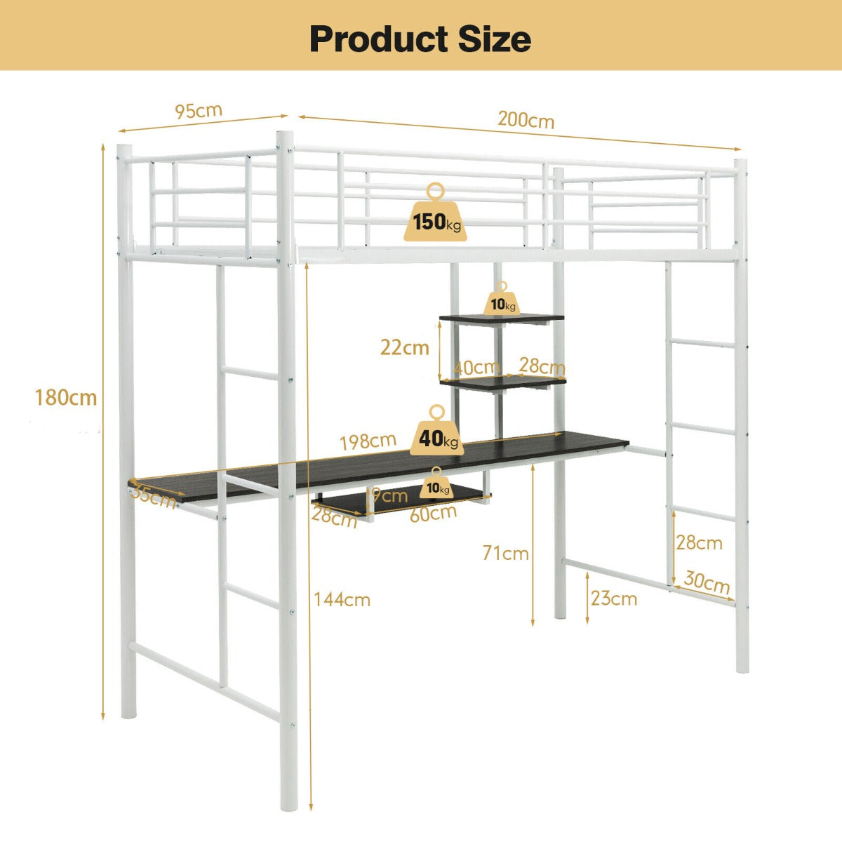 Metal Bunk Bed Frame High Sleeper with Desk and Storage Shelves-White