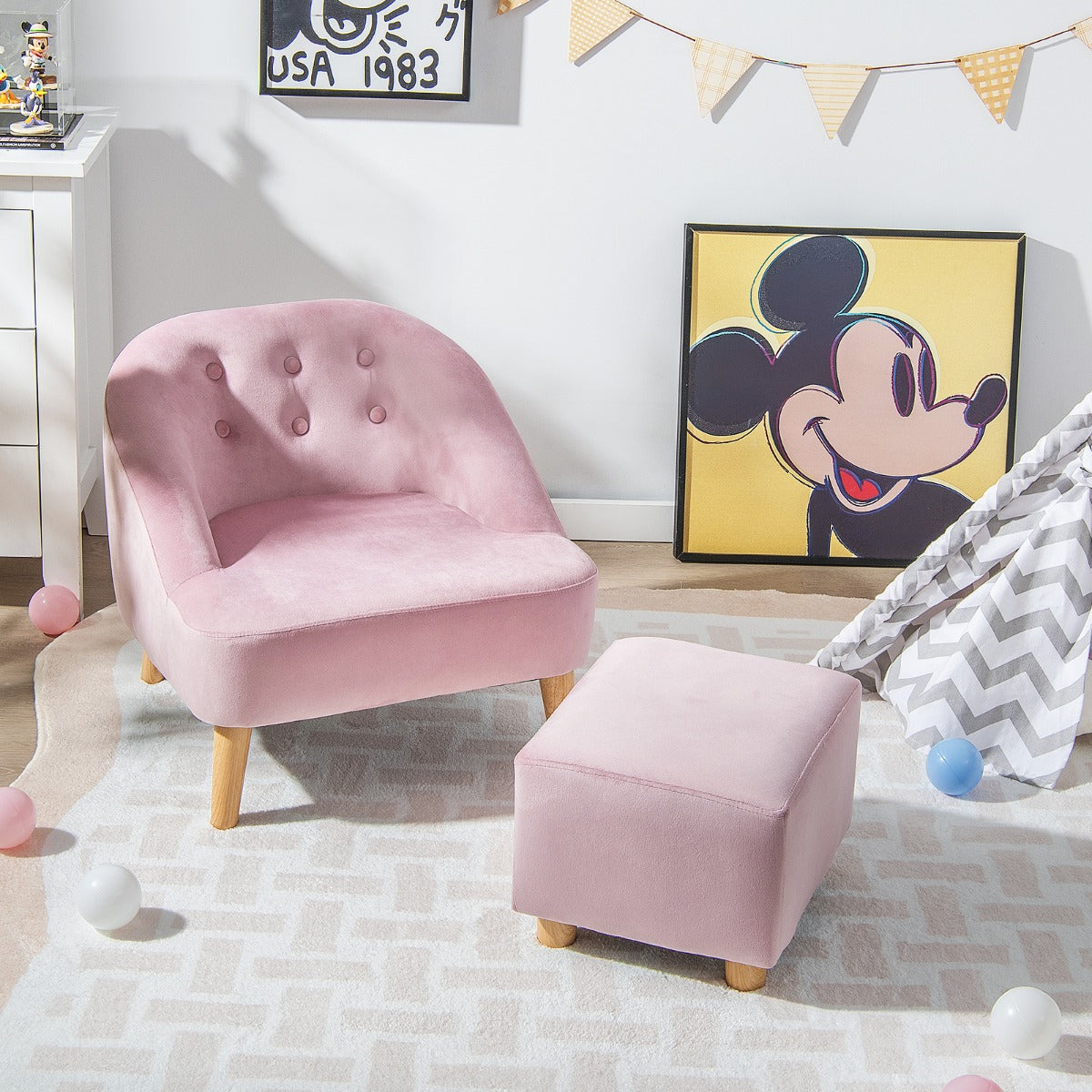 2 Pieces Upholstered Kids Sofa Set with Ottoman-Pink