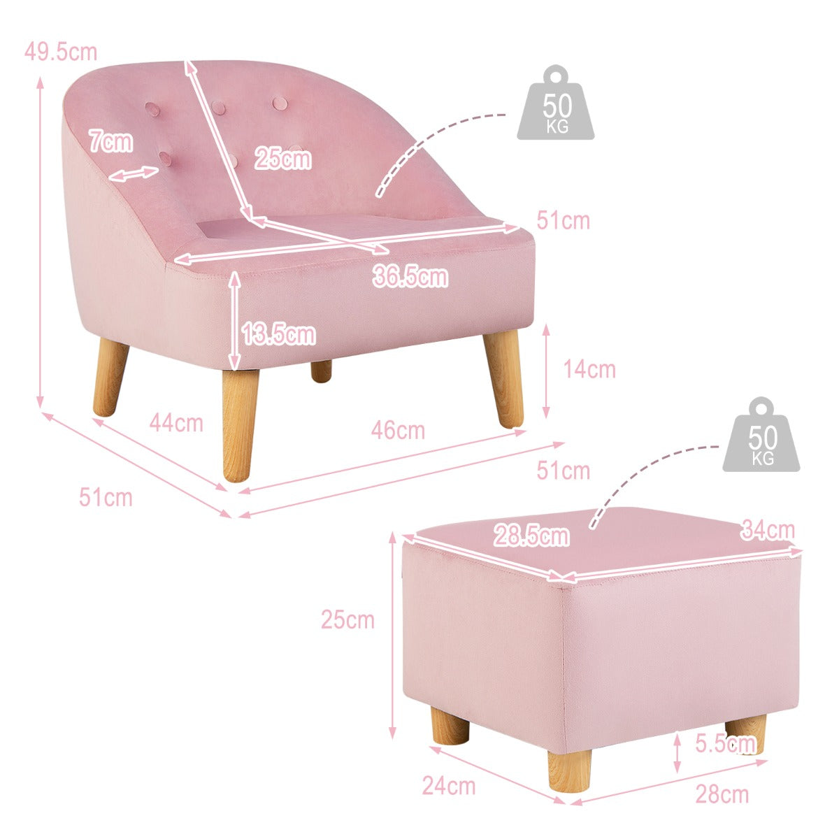 2 Pieces Upholstered Kids Sofa Set with Ottoman-Pink