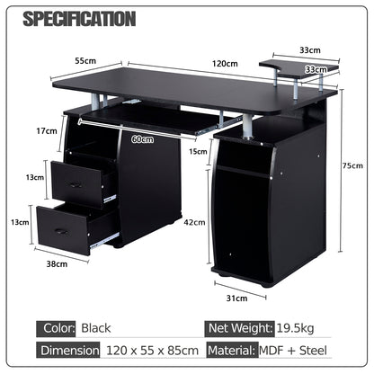 Office Workstation with 2 Drawers and Sliding Keyboard Tray-Black