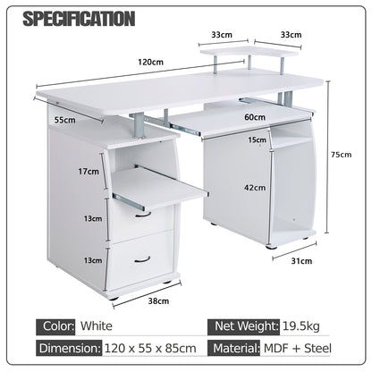 Computer Desk MDF Home Office PC Table Work Station Home and Office Furniture-White
