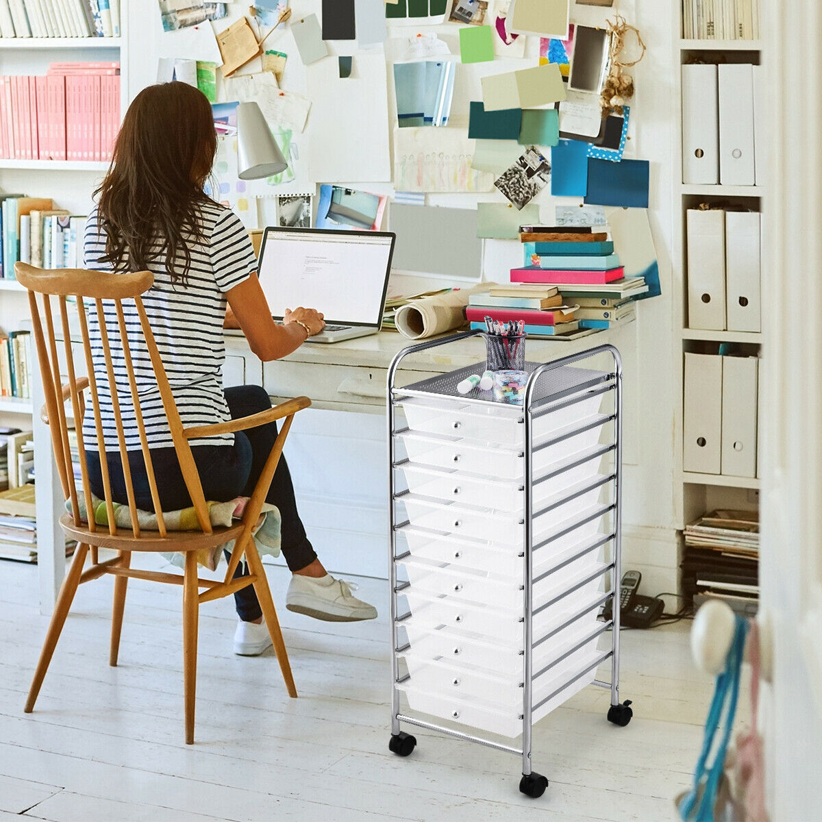 10 Drawers Mobile Storage Trolley with 4 Wheels for Beauty-White