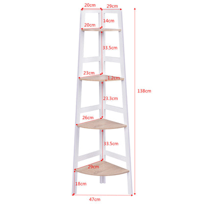 رف كتب قائم على الزاوية مع 4 أربطة لغرفة المعيشة والشرفة - أبيض