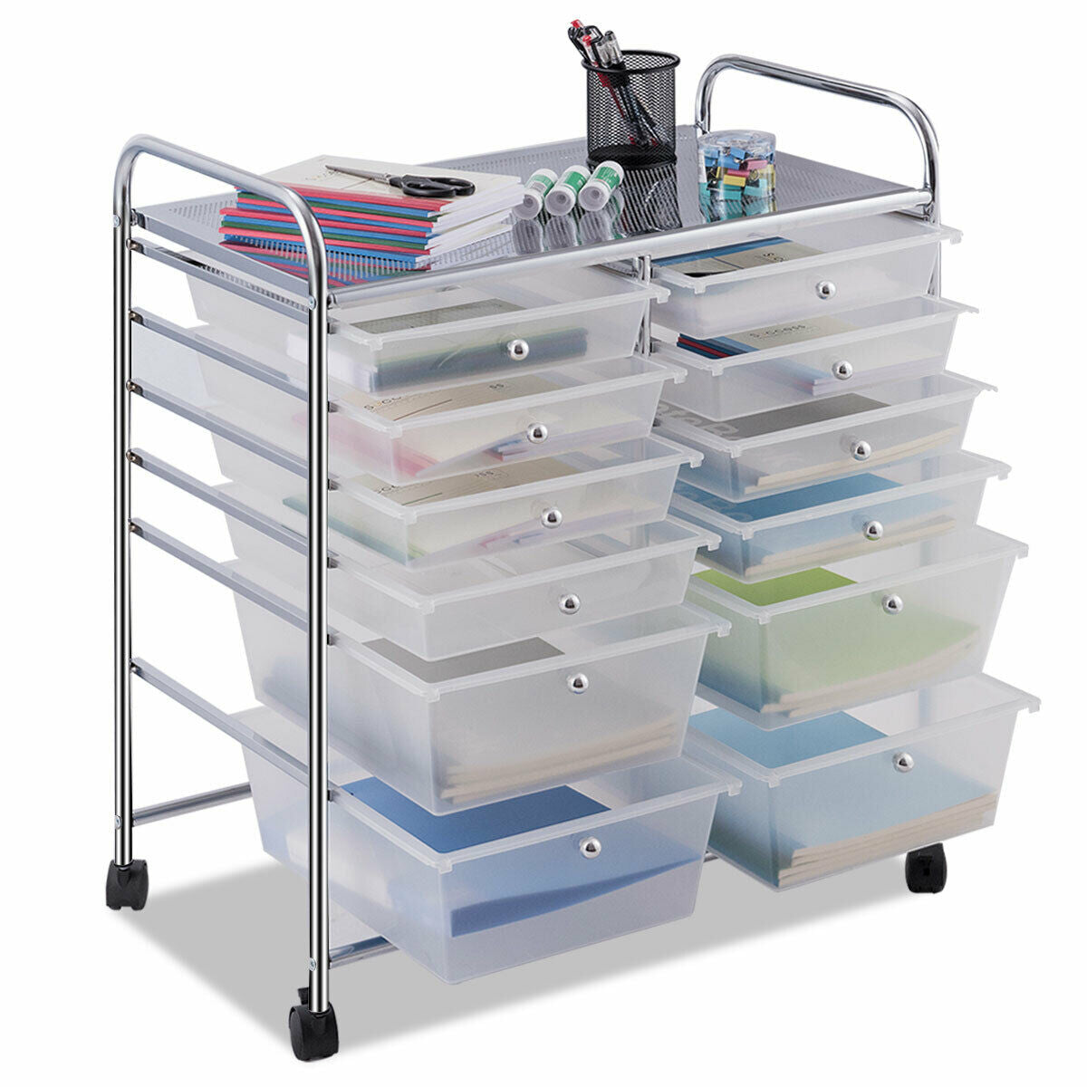 12 Drawers Rolling Storage Cart with 4 Wheels and Brakes-Clear