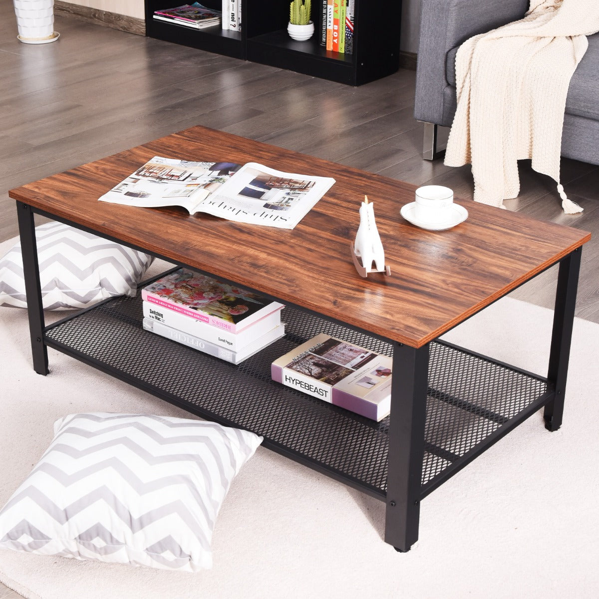 Retro Styled Coffee Table with Mesh Shelf-Net Brown