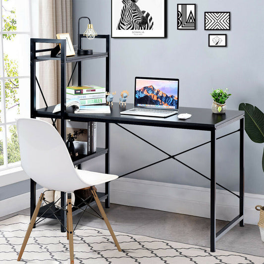 Wooden Computer Desk Writing Table with 4-Tier Reversible Bookshelf-Black