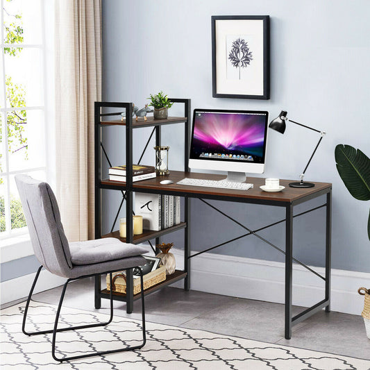 Wooden Computer Desk Writing Table with 4-Tier Reversible Bookshelf-Walnut