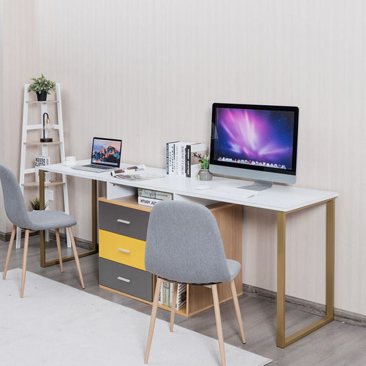 L-Shaped Computer Desk for Two Person with 3 Storage Drawers and Shelves