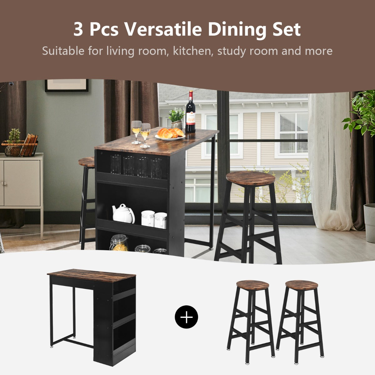 3 Pieces Industrial Kitchen Dining Bar Table Set with 2 Stools-Brown