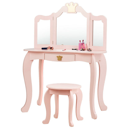 Kids Dressing Table and Stool Set with Tri-fold Mirror and Drawer