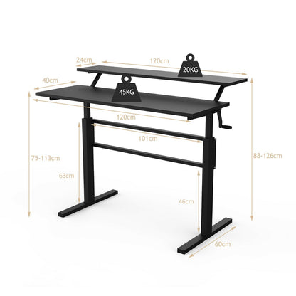 2-Tier Height Adjustable Standing Desk with Crank Handle-Black