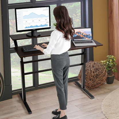 2-Tier Height Adjustable Standing Desk with Crank Handle-Coffee