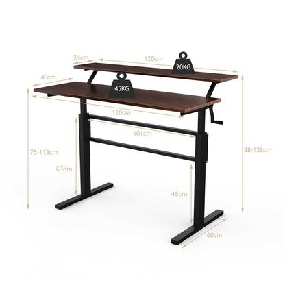 2-Tier Height Adjustable Standing Desk with Crank Handle-Coffee
