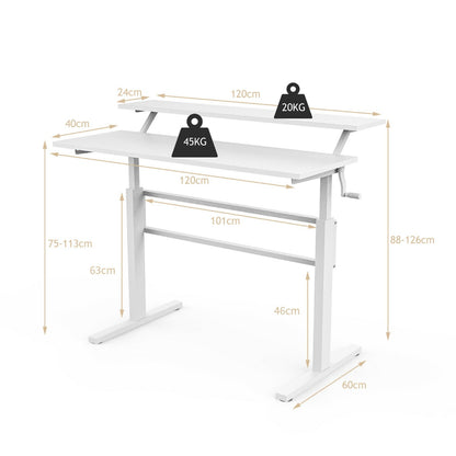 2-Tier Height Adjustable Standing Desk with Crank Handle-White