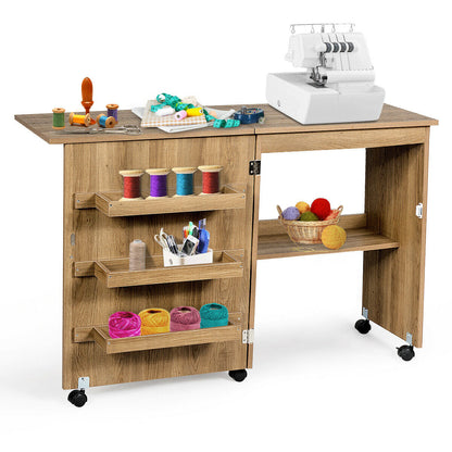 Folding Sewing Table with Storage Shelves and Lockable Casters