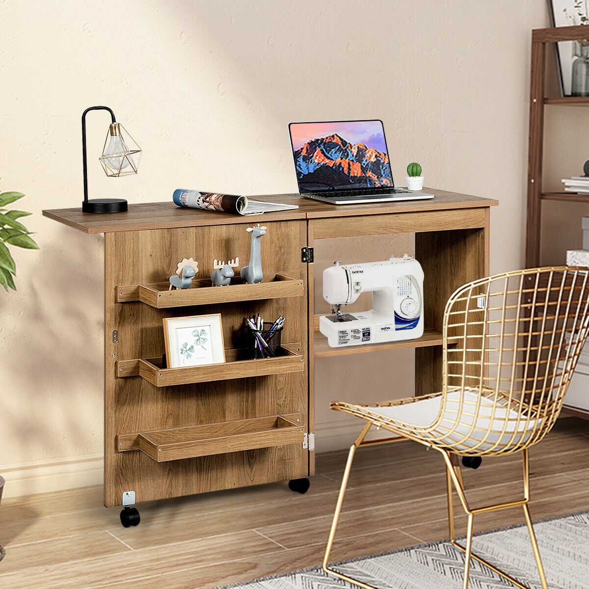 Folding Sewing Table with Storage Shelves and Lockable Casters