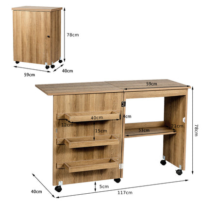 Folding Sewing Table with Storage Shelves and Lockable Casters-Natural