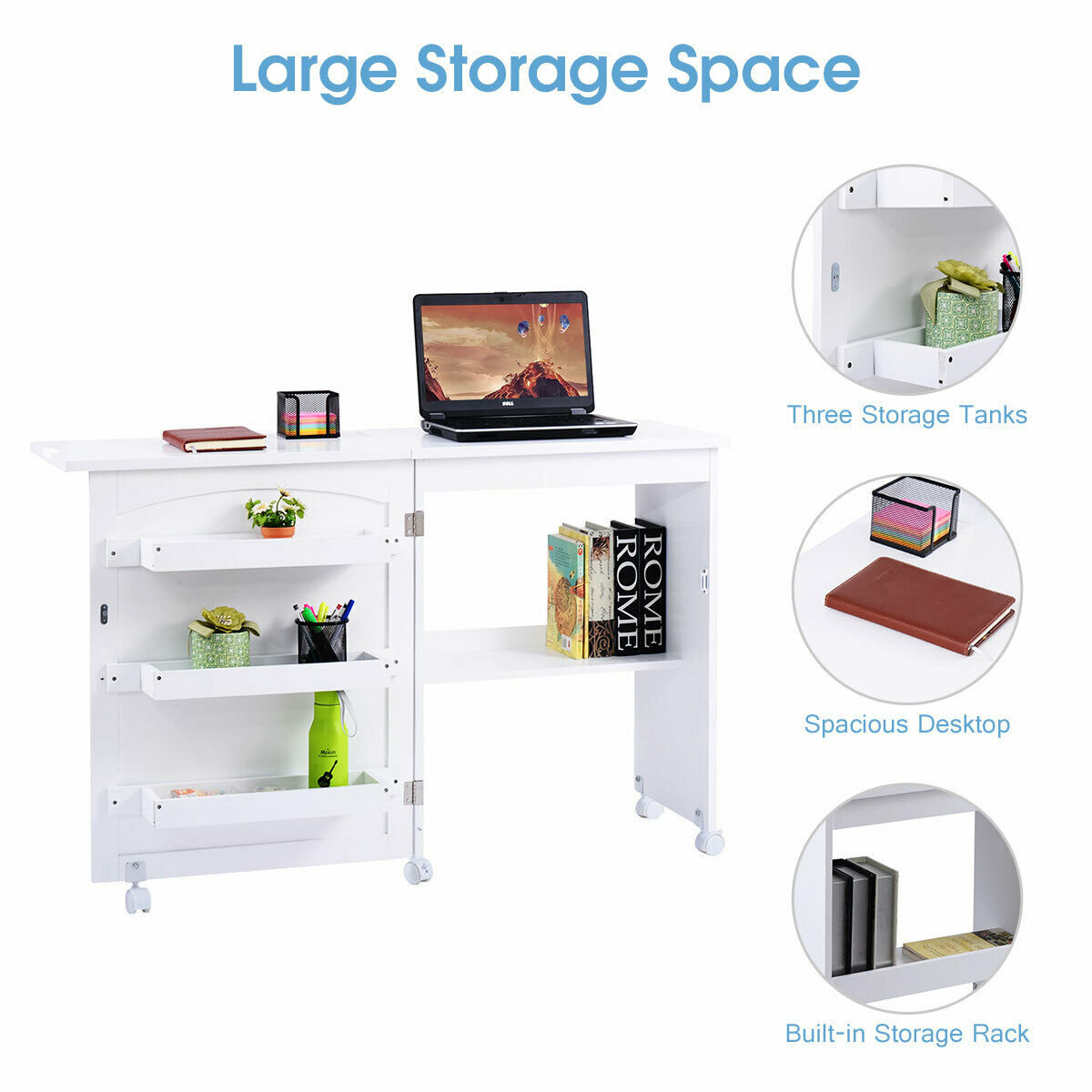 Folding Sewing Table with Storage Shelves and Lockable Casters-White