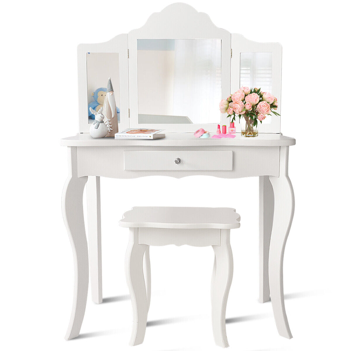 Kids Wooden Vanity Table and Stool Set with Detachable Top Folding Mirrors-White