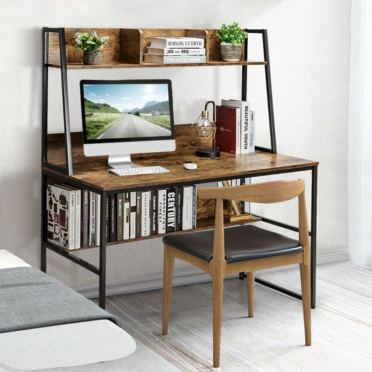 2 in 1 Computer Desk with Storage Bookshelf for Bedroom-Antique