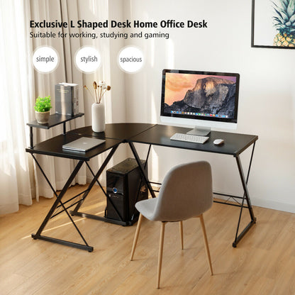 L-Shaped Corner Computer Desk with Monitor Stand and Host Tray-Black