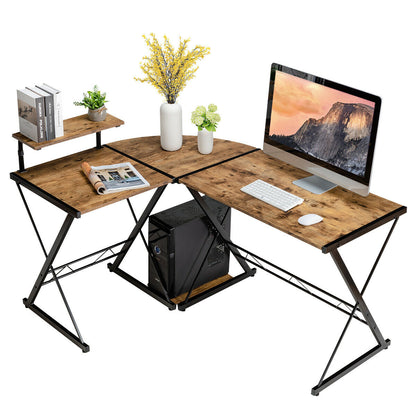 L-Shaped Corner Computer Desk with Monitor Stand and Host Tray-Brown