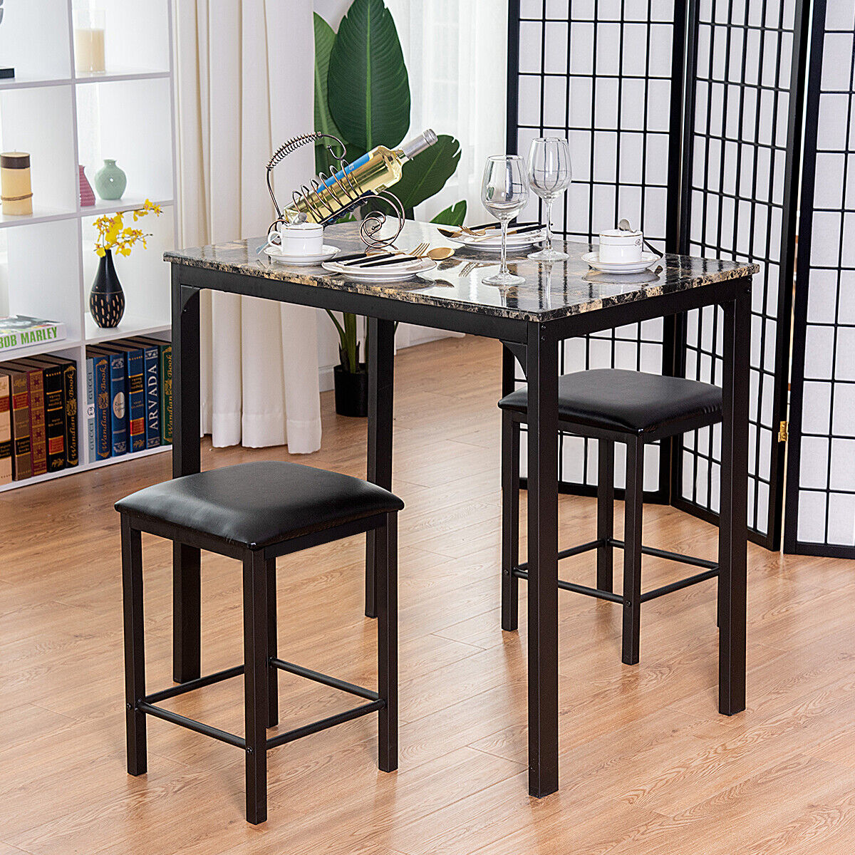 3 Piece Dining Table Set with 2 Faux Leather Backless Stools-Coffee