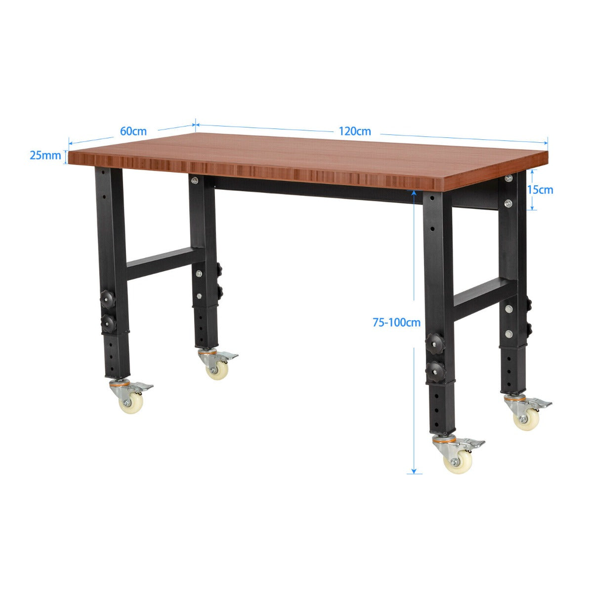 10 Level Height Adjustable Workbench with 4 Lockable Casters-Brown