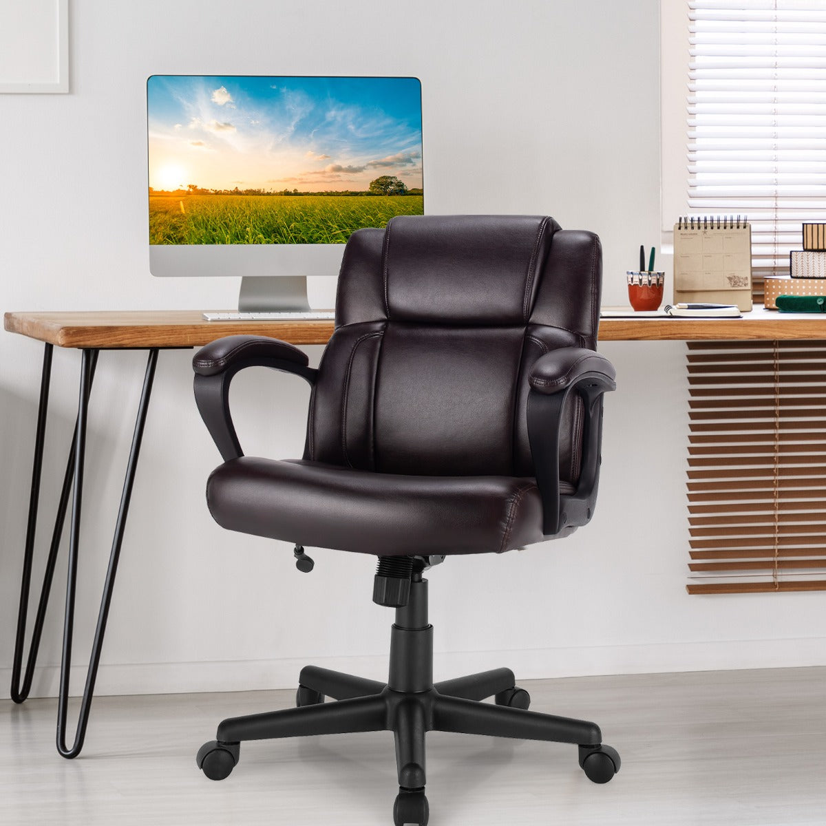 Modern Mid-Back PU Leather Office Chair with Adjustable Height