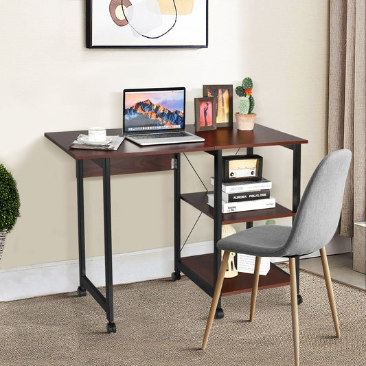 Drop-leaf Computer Desk with 2 Shelves and Wheels