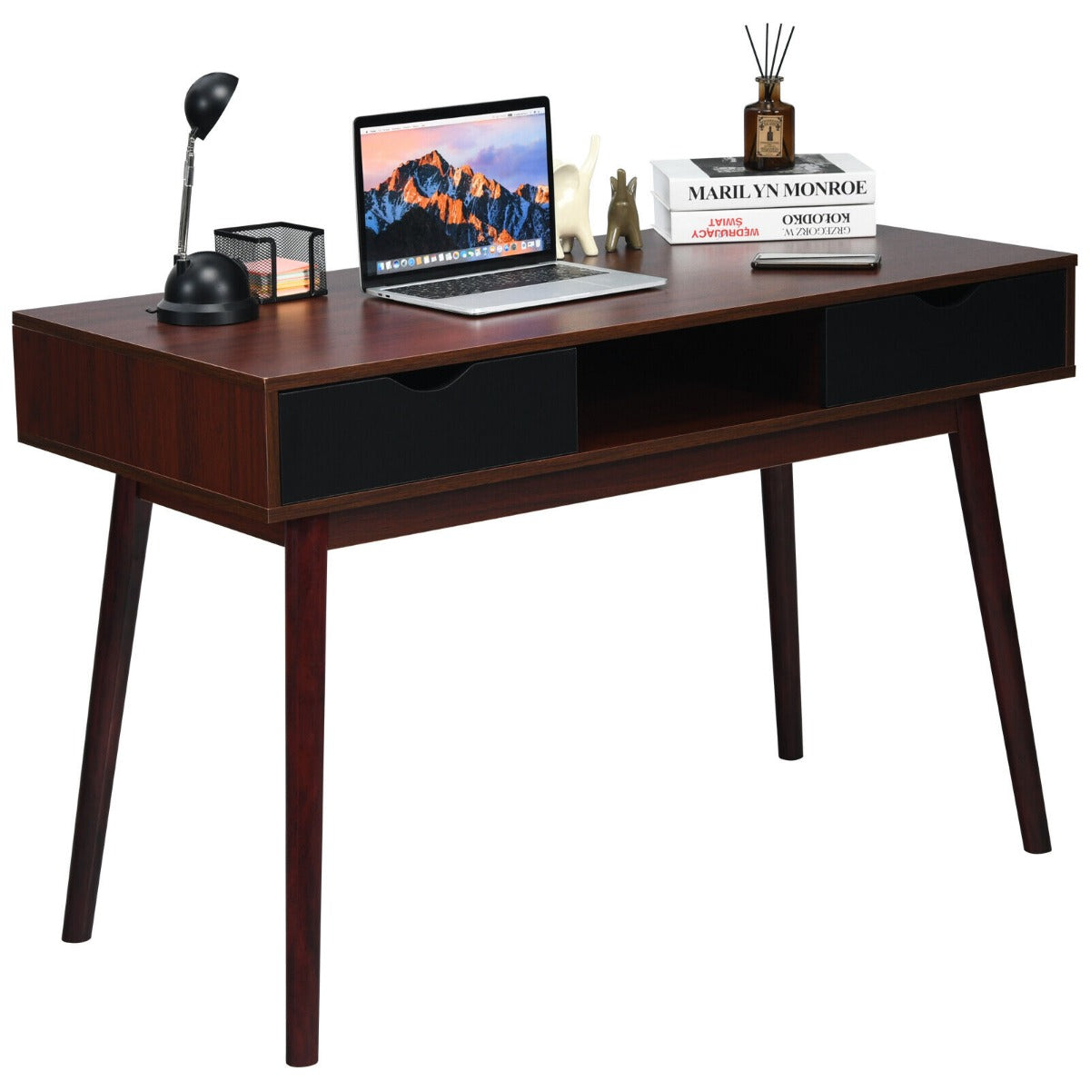 Wooden Computer Desk with 2 Drawers and Open Shelf for Home Office Work Study