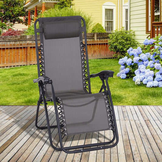 Zero Gravity Chair Outdoor Folding & Reclining Sun Lounger with Head Pillow for Patio Decking Gardens Camping, Grey w/ Camping