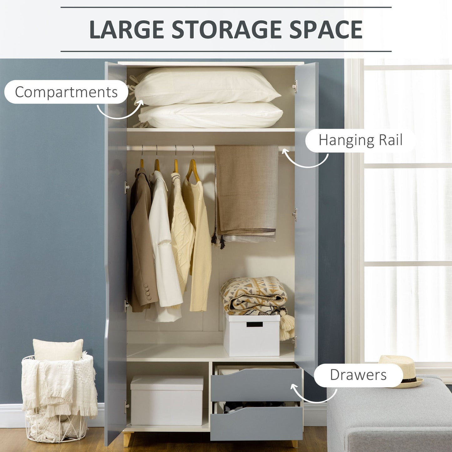 Wardrobe with 2 Doors, 2 Drawers, Hanging Rail, Shelves for Bedroom Clothes Storage Organiser, 89x50x185cm, Grey