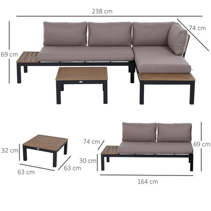 Outsunny 3 Pieces Garden Furniture Sets, Aluminium Outdoor Corner Sofa set with 2 Loveseat and Coffee Table - Grey