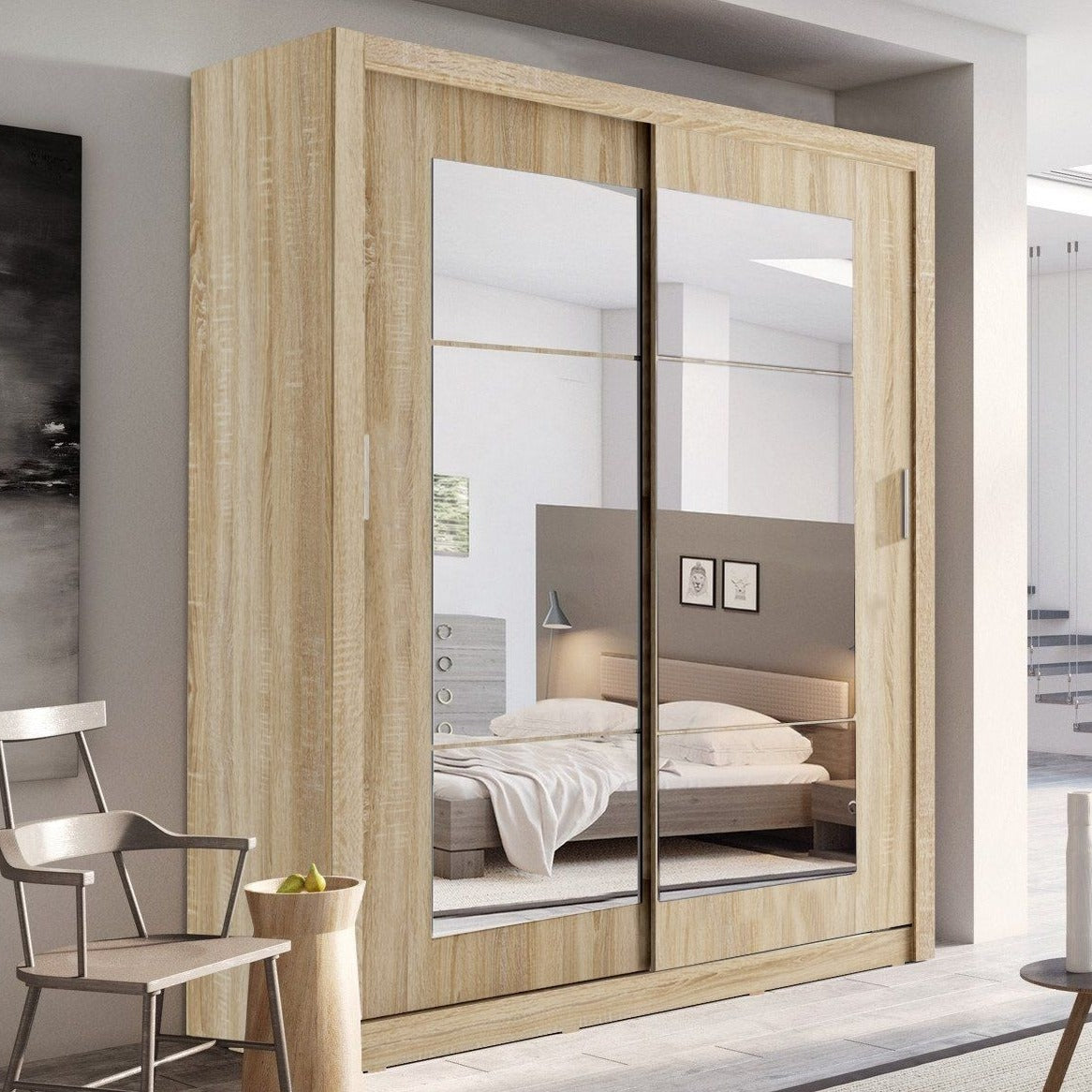 Icarus-II Mirrored 2-Door Sliding Wardrobe 180cm - White, Grey, San Remo Oak or Sonoma Oak