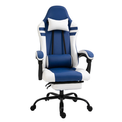 Vinsetto PU Leather Gaming Chair with Headrest, Footrest, Wheels, Adjustable Height - Blue/White