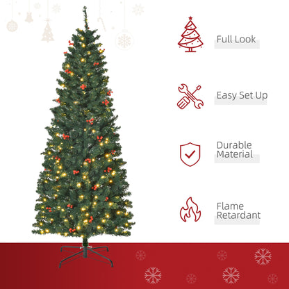 HOMCOM 6FT Prelit Artificial Pencil Christmas Tree with Warm White LED Light, Red Berry, Holiday Home Xmas Decoration, Green