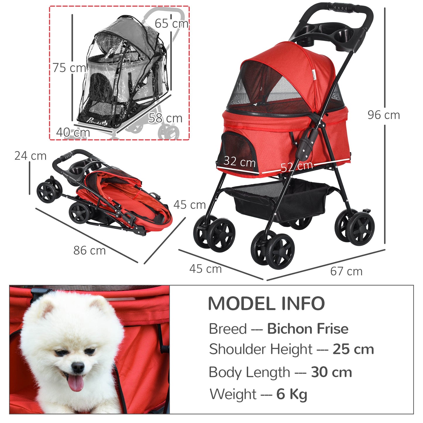 PawHut Dog Stroller with Rain Cover, Dog Pushchair One-Click Fold Trolley Jogger with EVA Wheels Brake Basket Adjustable Canopy Safety Leash for Small Dogs, Red