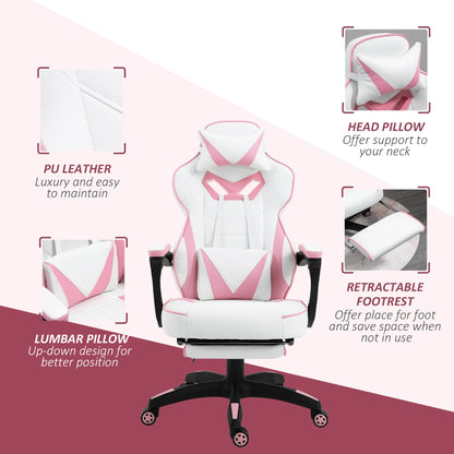 Vinsetto PU Leather Gaming Chair with Footrest and Headrest - Pink/White