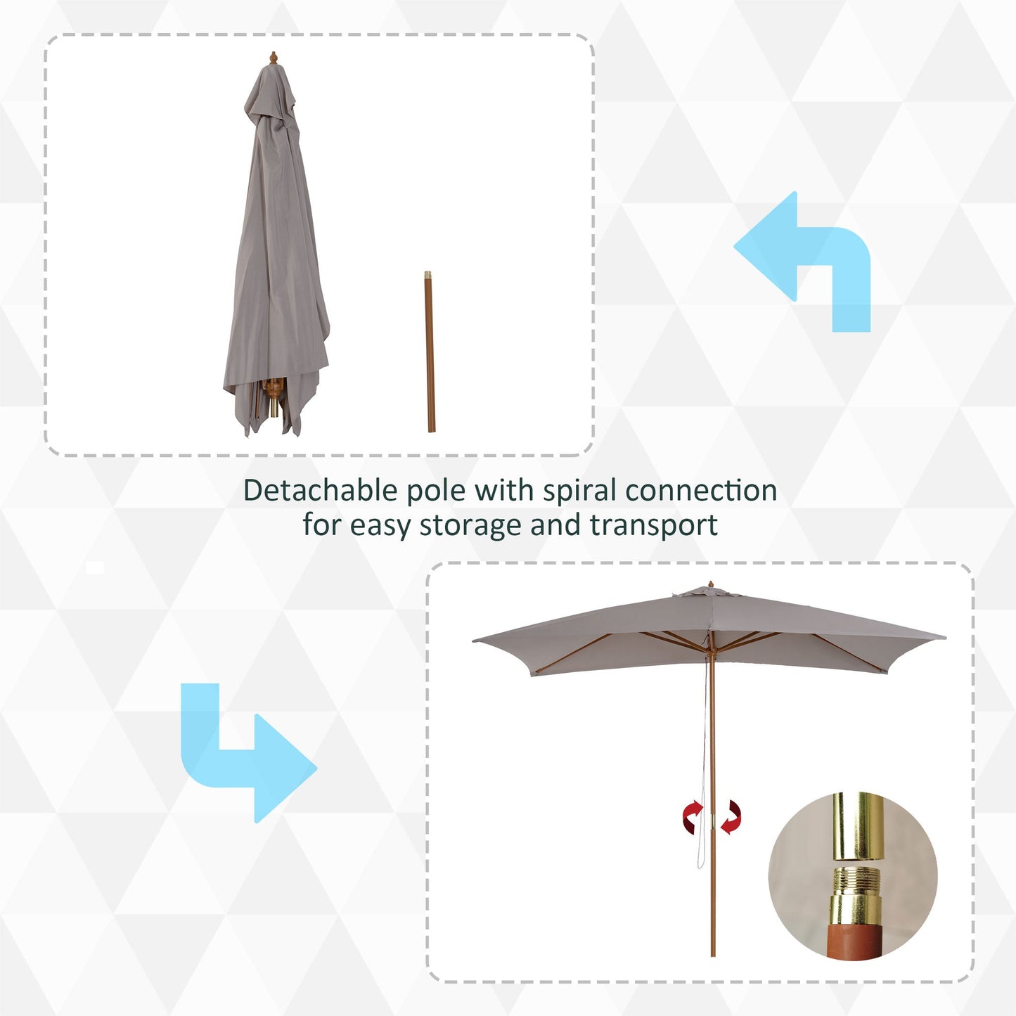 Outsunny 2 x 3m Wooden Garden Parasol Umbrella Outdoor Sun Shade Canopy, Light Grey