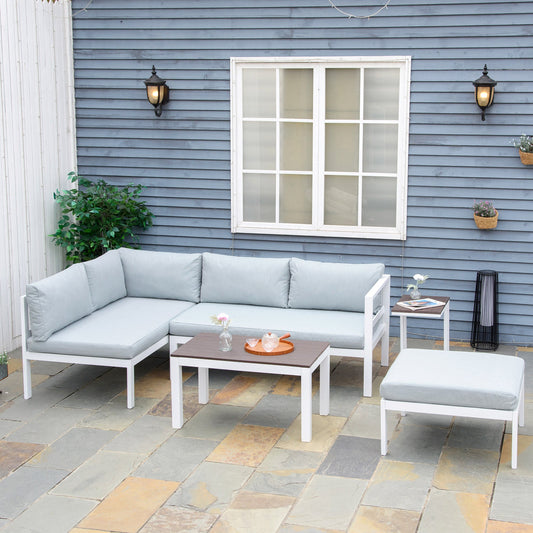 Outsunny 5-Piece L-shaped Garden Furniture Set Corner Sofa with Coffee Table - White Frame