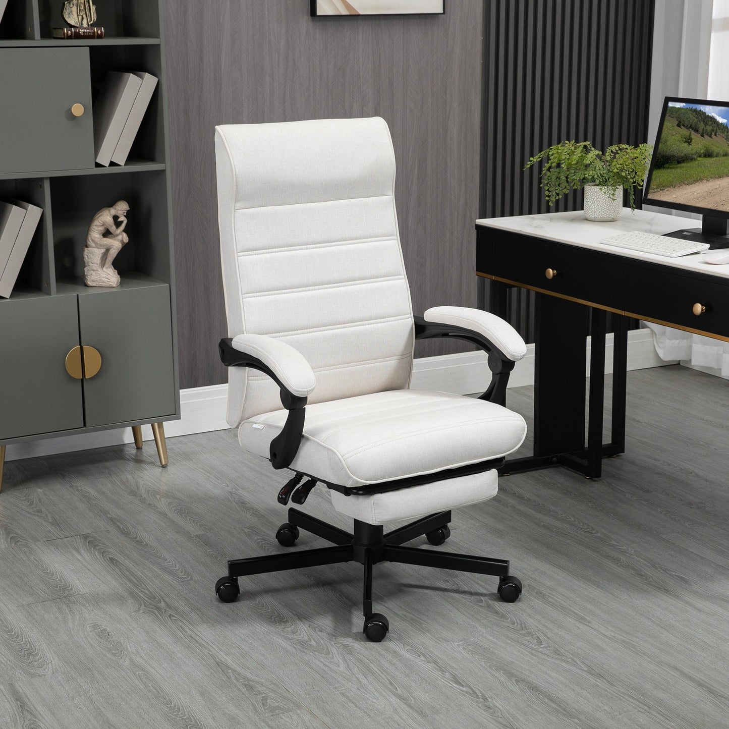 Vinsetto High-Back Home Office Chair, Linen Swivel Reclining Chair with Adjustable Height, Footrest and Padded Armrest for Living Room Cream White