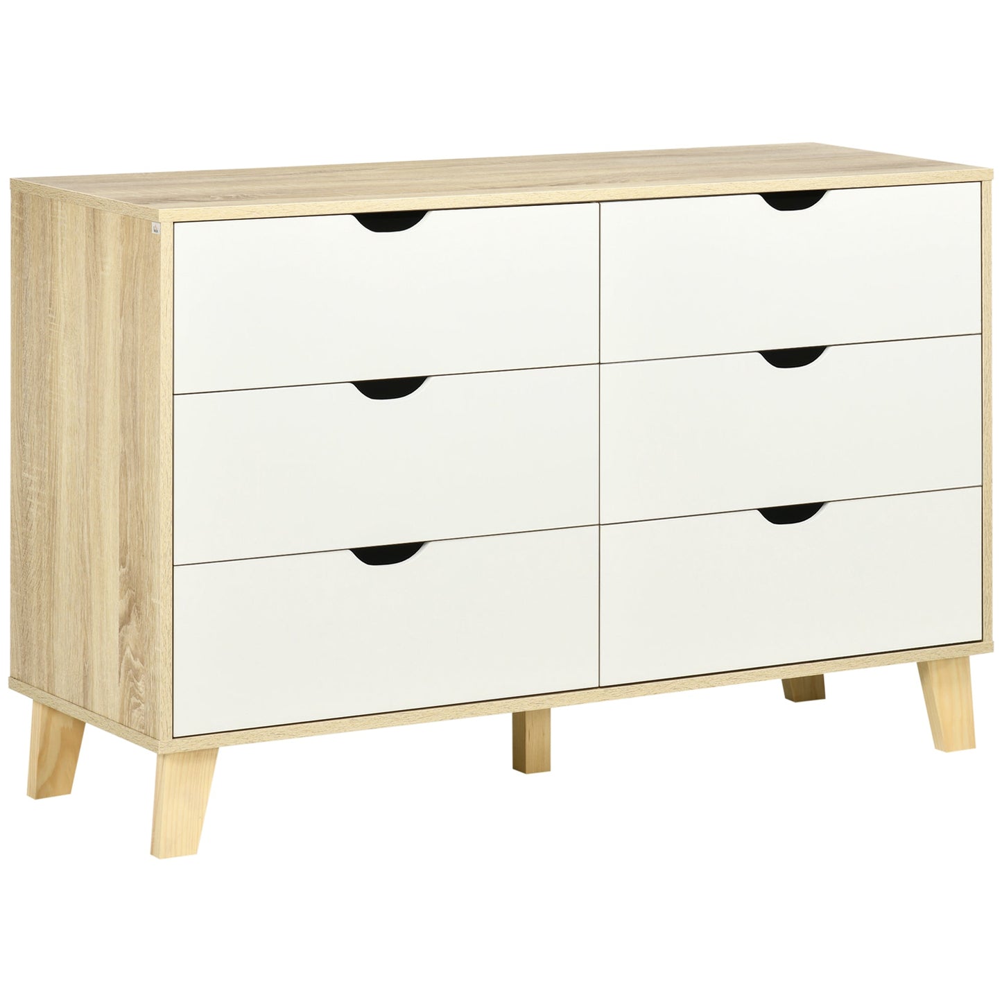 Wide Chest of Drawers, 6-Drawer Storage Organiser with Wooden Legs - White/Light Brown